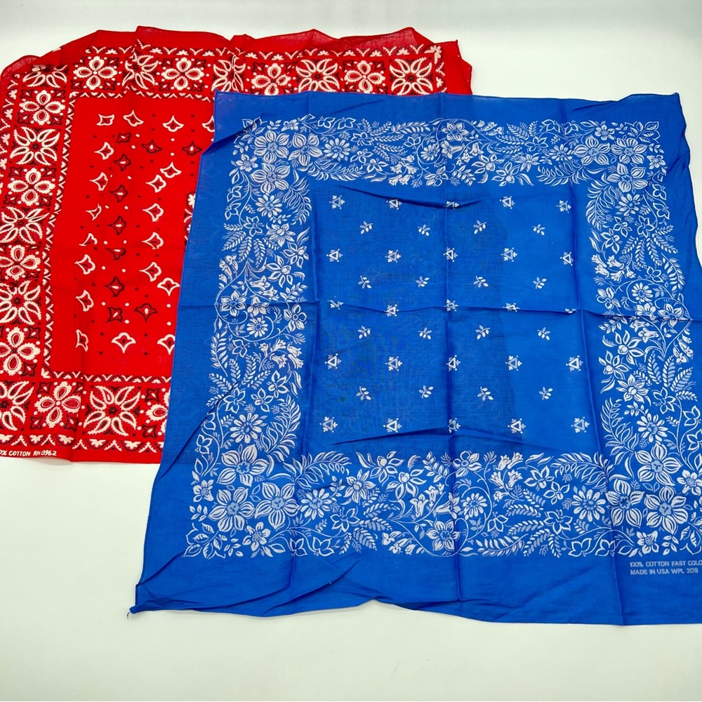 Vintage Paris Accessories Vibrant Red and Blue Floral Lot of 2 Bandana Set